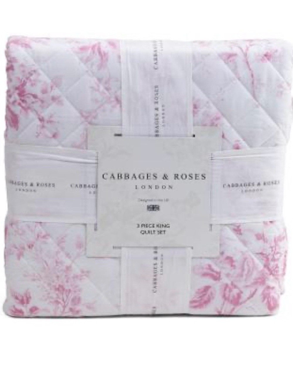 Cabbages & Roses King Quilt Set Pink White Floral Quilted 3 Piece